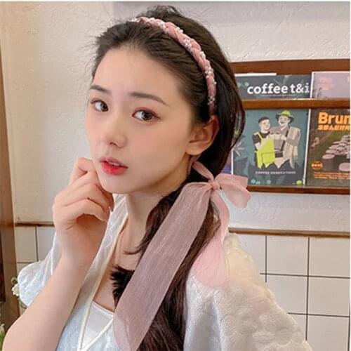 Sweet Girls Pearl Hairbands Braid Long Ribbon Hair Band Headband for Women Chiffon Hair Hoop Bezel Floral Print Hair Accessories