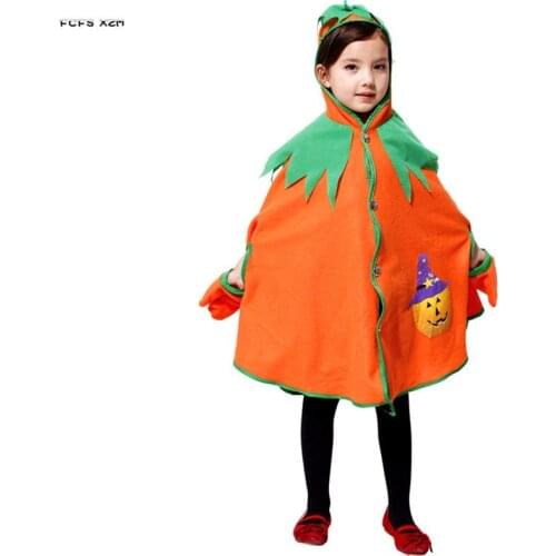 Orange Girls Pumpkin Cloak Cosplay Kids Children Halloween Witch Sorceress costumes Carnival Purim Parade Role play party dress