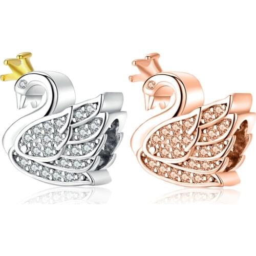 Fit Original Pandora Gold Crown Swan Charms Bracelet Women Clear Crystal Rose Bird Beads DIYJewelry for Women Bangle Accessories