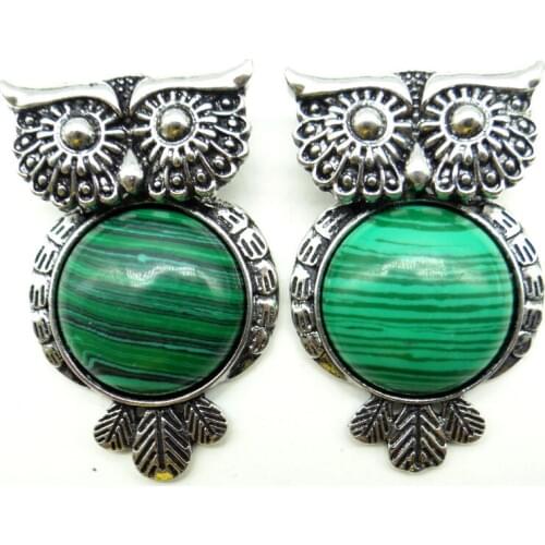 1pcs Vintage Silver Plated Owl Natural Opalite white Turquoises malachite Stone Pendant For Necklace Jewelry Accessories
