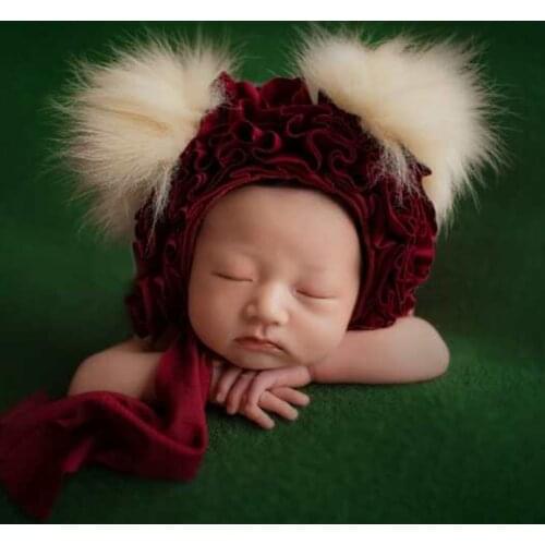 Handmade Ruffle Lace Pom Bear Hat Newborn Teddy Bonnet Baby Boy Animal Bonnet Photography Props Burgundy Girls Fluffy Hat