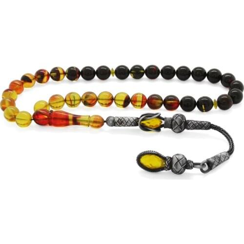 Tesbihane 1000 Sterling Silver Kazaz Tassels Sphere Cut Extracted Honey Color Fire Amber Prayer Beads
