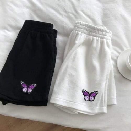 New summer sports shorts women loose butterfly embroidery high waist wide leg pants running breathable home casual hot pants