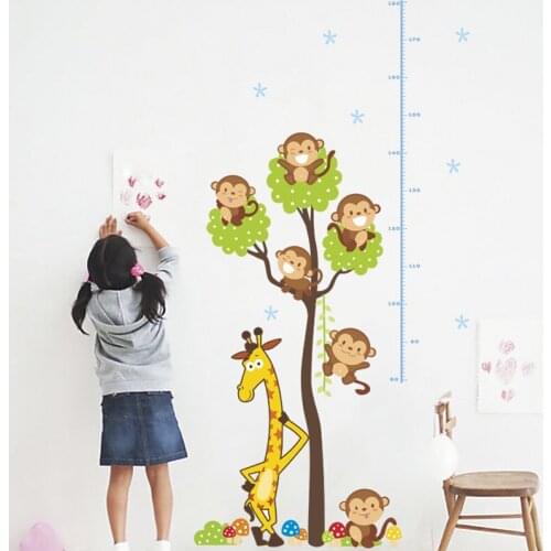 Cute Monkey Giraffe Tree Growth Chart Wall Sticker For Kids Room Home Decoration Cartoon Safari Mural Art Animal Decals Poster