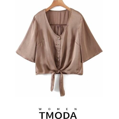 TMODA1441 Za 2021 Summer Women Fashion Khaki Oversize Satin Blouses Shirt Lady V Neck Loose Casual Chic Tops Female Clothes