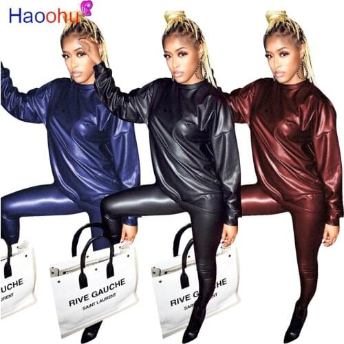 HAOOHU Women Clothing PU Faux Leather Two Piece Set Tee Long Sleeve Top Leggings Jogger Pants Tracksuit Matching Sets Outfit