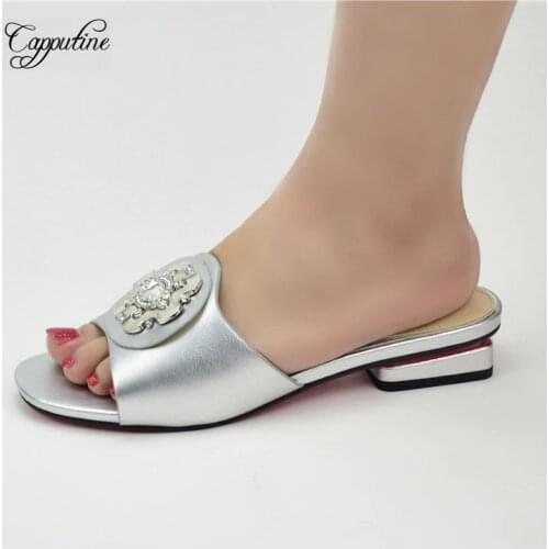 2021 New Silver Medium Heels Shoes African Women Ladies Slippers Scarpe Donna Kobiet Buty Sapatos Das Mulhere 87-7 Height 3.5cm