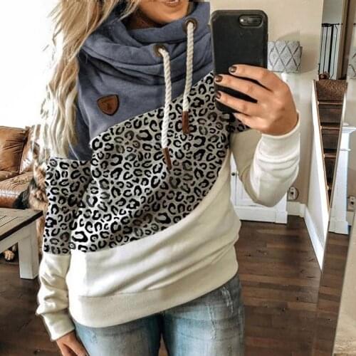 Women Patchwork Sweatshirt Casual Leopard Print Drawstring Hoodies Winter Harajuku Pocket Long Sleeve Female Autumn Pullovers
