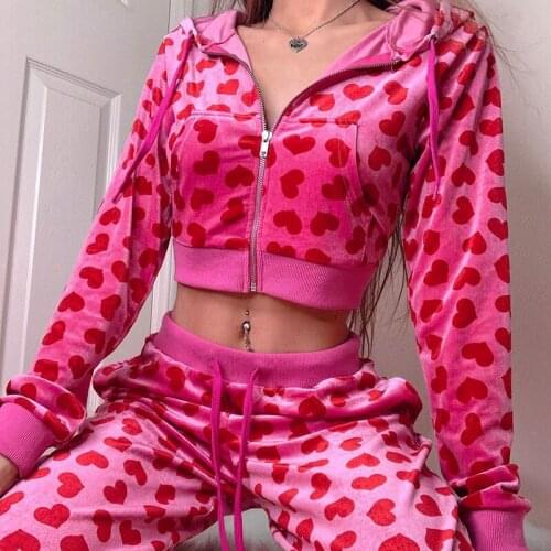Vintage Fashion Heart Printed Pink Hoodies Women Zipper Up Cropped Sweatshirt 2021 Autumn Winter Jacket Basic 2 Piece Set Women