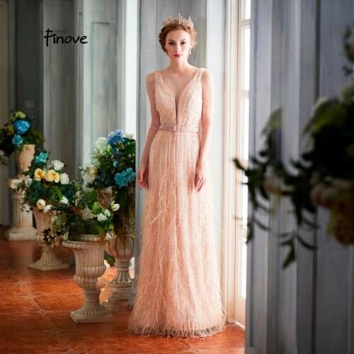 Finove Evening Dress 2020 Long Sexy Deep V Neck And Back Chic Sashes Beading Feathers Formal Party Woman Dresses Robe de soiree