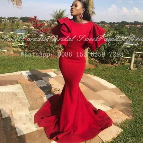 Red Mermaid Prom Dresses Short Ruffles Sleeves 2021 Women Long Sweep Train Jewel Neck Formal Evening Dress Vestidos De Coctel
