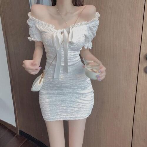 Summer Lady Puff Sleeve Slash Neck Sexy Dresses Black White Women Elegant Vintage Mini Dress Off Shoulder Bow Street Vestidos
