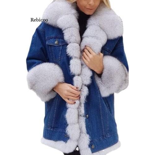 Winter Female Denim Parka Fur Coat Women Jacket Fox Fur Coat Thick Warm Fur Parka Fur Jacket 5Xl Plus Size