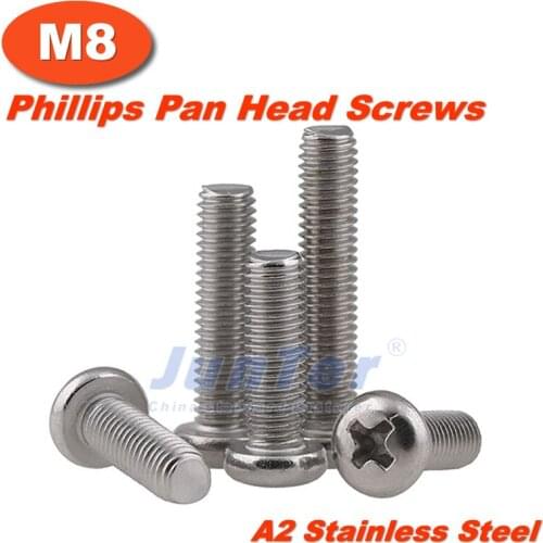 100pcs/lot M8(8mm) A2 Stainless Steel Phillips Pan Head Machine Screws Metric DIN7985