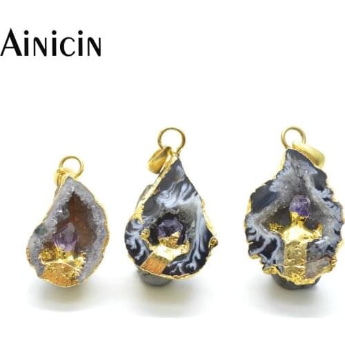 5pcs Natural Purple Crystal Set In Drusy Geode Pendants 20~35mm Lovely Semi-precious Stone Jewelry for Women