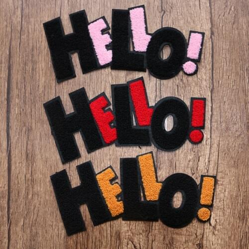 Black Red Powder Hello! Letters Chenille Icon Towel Embroidered Applique Patches for Clothing DIY Sew up Badge on the Backpack