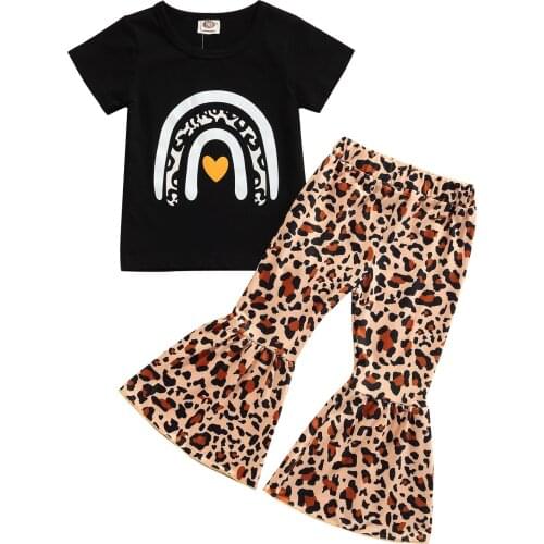 2Pcs Toddler Girls Childrens Clothing Summer Outfits, Short Sleeve Rainbow Tops + Leopard Flare Pants Set 2021 New Fashion