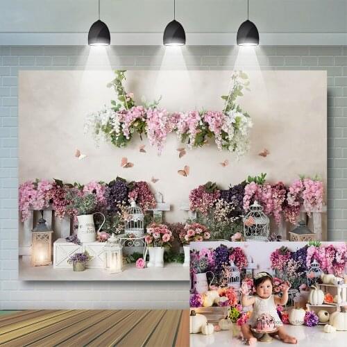 Purple Garden Spring Photography Backdrop Kids Baby Birthday Girl Floral Rose Background Butterfly Green Leave Banner Studio