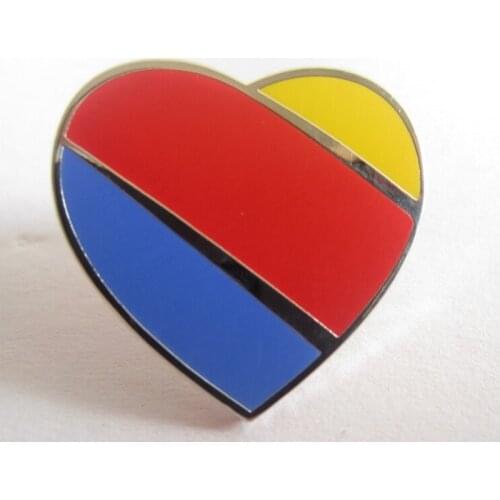 Custom heart enamel pin badge with nickel plating, blue ,red and yellow enamel+ rubber clutch