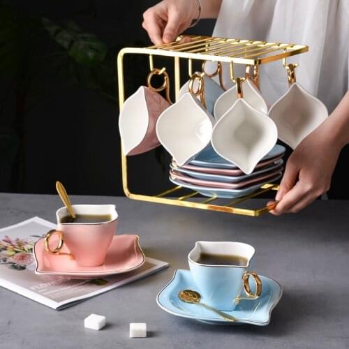 Ceramic Leaf Mouth Coffee Cup Saucer Set European Style Small Luxury Exquisite Tea Set Ceramic High-End afternoon Flower Tea Cup