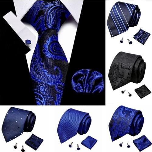 Classical Men Handkerchief Cuffink Necktie Set Blue Polyester Jacquard 100% Silk Jacquard Woven Neck Tie Suit Wedding Mens Ties