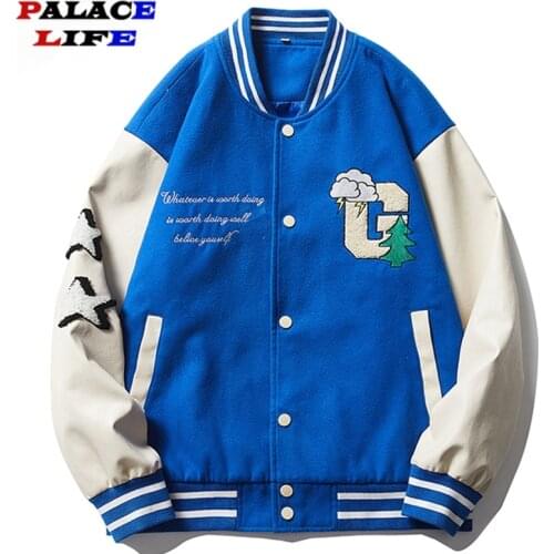 Bomber Jacket Men Furry Mountain Plant Patchwork Embroidery Baseball Coat Couple Casual Retro Harajuku Outwear Autumn Streetwear