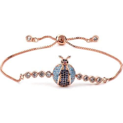 MIQIAO Rose Gold Plated Cute Zircon Crystal Lady Bug Armband Bangle Wrist Chains Bracelet for Women Couple Friends Gift Jewelry