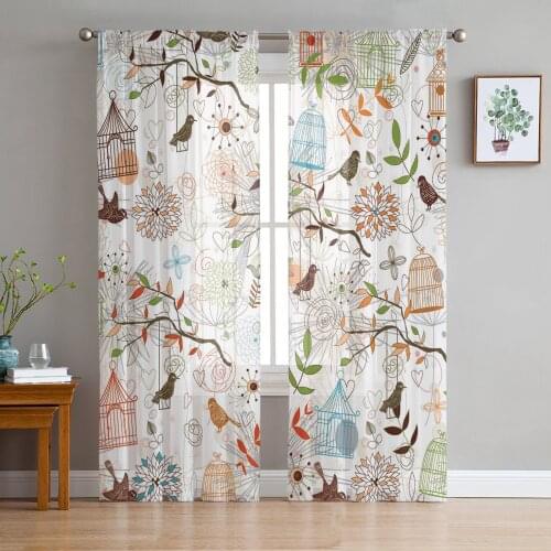 Cartoon Handdraw Brid Flower Print Sheer Window Panel Curtains Room for Living Room Bedroom Kitchen Room Chiffon Tulle Curtains
