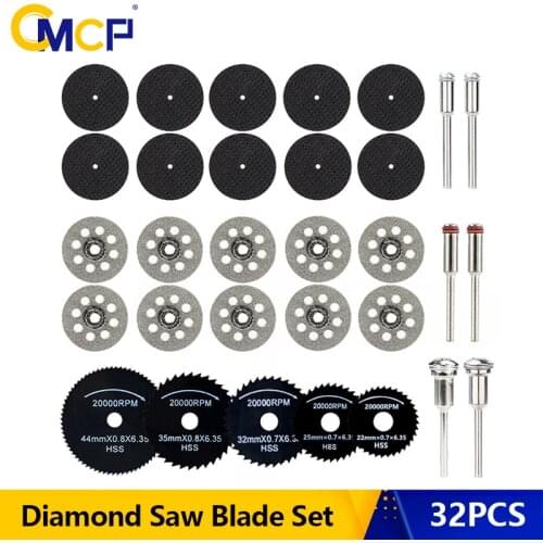 CMCP Mini Circular Saw Blade Set 32pcs Wood Diamond Metal Cutting Disc for Dremel Rotary Tools With Mandrel Cut-off Power Tool