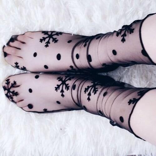 New Womens Novelty Star Dot Snowflake Transparent Mesh Socks Sexy Ladies Ultra-Thin Gauze Sock Female Black Sox Hosiery