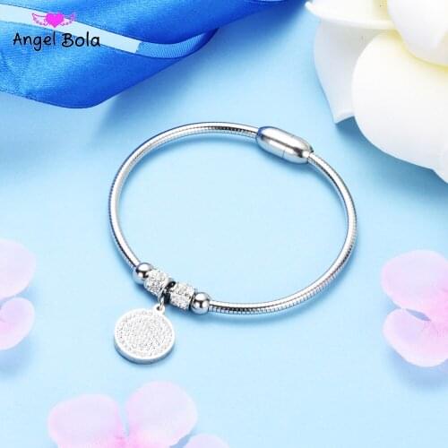 New High Crystal Quality Bracelet Bangles Coin Magnet Clasp with Snake Chain 316L Stainless Steel Wedding Bangles Jewelry