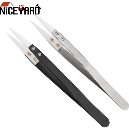 NICEYARD Stainless Steel Handle Ceramic Tips Tweezers Anti-static Straight Aimed Tweezers High Temperature Resistant Precision
