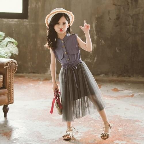 Teenage Girl Dress Summer Sleeveless Meash Spliced Princess Kids Dresses For Girls Children Clothing 4 5 6 7 8 9 11 13 Years