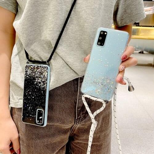 Necklace Strap Rope Cord Clear Glitter Case For Samsung Galaxy S20 Ultra A51 A50 A71 A70 S8 S9 S10 Plus Note 10 Lite 8 9 A81 A91