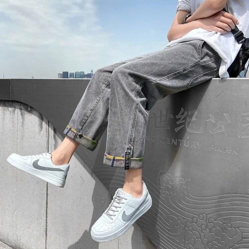 Flanged Straight Jeans Casual Loose Washed Nine-point Denim Trousers High Street Hiphop Wide-leg Pants Gray Blue Spring Autumn