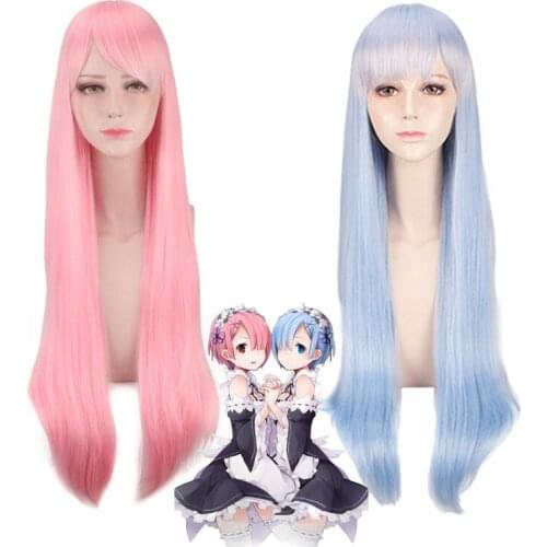 Ram Rem Re:Life In A Different World From Zero Pink Blue Straight Heat Resistant Synthetic Hair Cosplay + Free Wig Cap