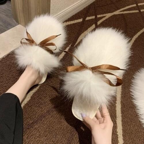Autumn And Winter Womens Long Hair Slippers Korean Fashion Bow Shoes One Line Mop Artificial Wool Wood Floor Artificial Slipper