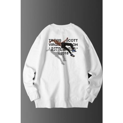 Travis Scott (Travis Scott) Mens White Cotton Round Neck Top, Hip-Hop Streetwear, Fashion, High Quality, Long Sleeves, Unisex