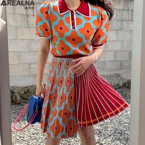 Women Summer Two Piece Set Korean chic jacquard puff sleeve Knitted Tops + pleated mini skirt suits 2 piece sets womens outfits