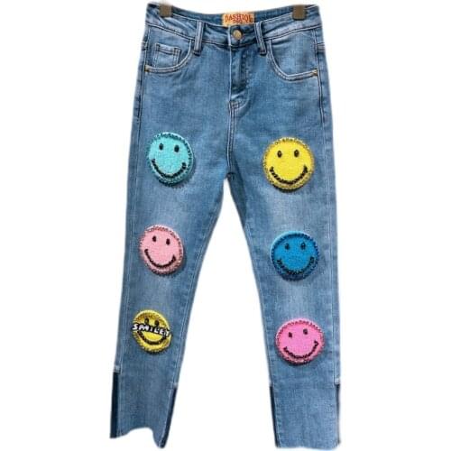 Women Streetwear denim pants Handmade beaded flash diamonds cute smiley straight-leg pants