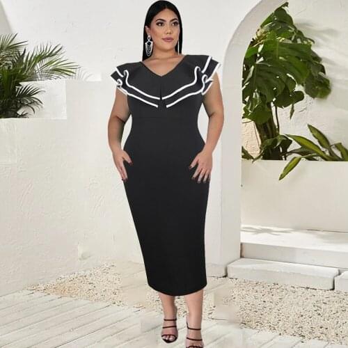 Plus Size Date Night Dresses for Women Black V Neck Sleeveless Patchwork Cascading Ruffle Office Lady Classy Event Party Dress