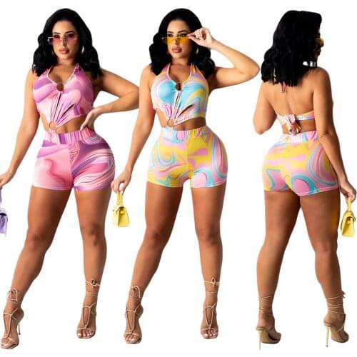 Sexy Halter Backless Palysuit Cut out Beach Wear Women Bandage Short Jumpsuit Fashion Printed Rompers Summer One Piece Outfit