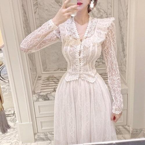 2020 Brand New French Romance Ruffled Lace Dress V-neck Long Sleeve 2 Pieces Seperate Top+skirt Women Set Dress Vestidos