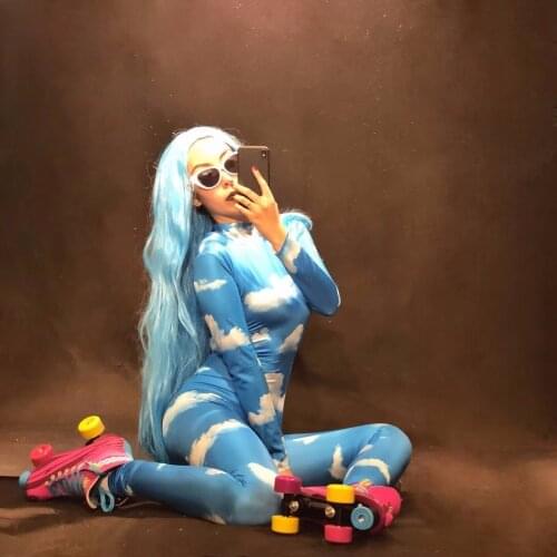 Women Sexy Stage Wear Blue Sky White Clouds Jumpsuit 3D Printed Bodysuit Nightclub Party Show Dancer Singer