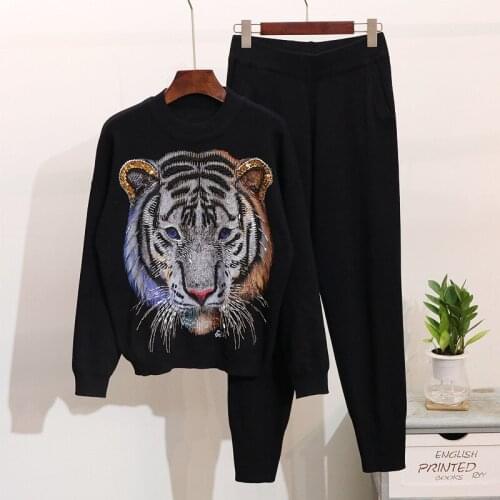 Fashion Loose White Gray Black Knitted Tracksuit Women Manual Beading Tiger Pattern Sweater Pencil Pants 2 Piece Outfits Female