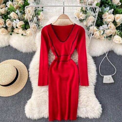 SINGREINY Women Knitted Pencil Dress Autumn V Neck Long Sleeve Solid Slim Sheath Dress Winter Elastic Warm Bodycon Sweater Dress