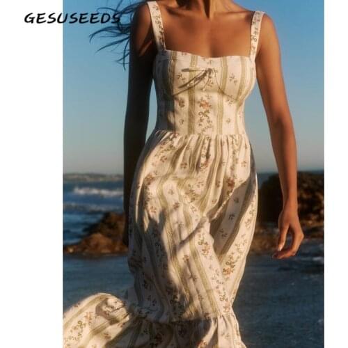 Women midi dress summer sleeveess dress women vintage floral dresses striped square neck holiday dress beige ruffle vestidos