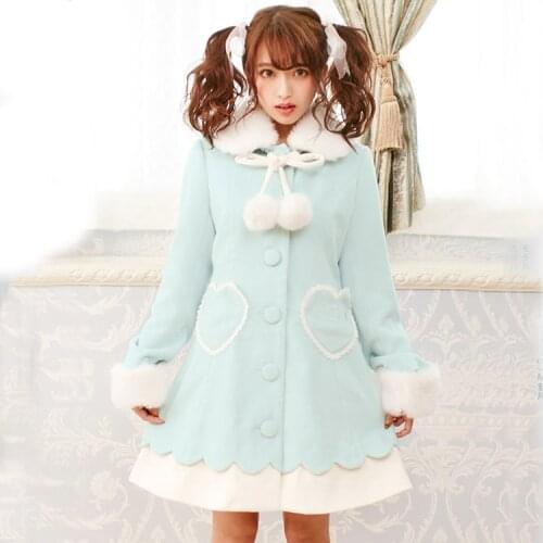 Winter new Japanese Brand Heart Pockets Sweet Woolen Wool Cute Princess Girl Pink Blue Long Coats Women Fleece Bow Long Blends