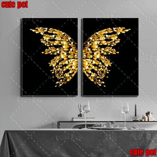 New square round Drill Modern Golden Butterfly Diy Diamond Painting Cross Stitch Kits 5D Diamond Mosaic Embroidery Decor 2PCS