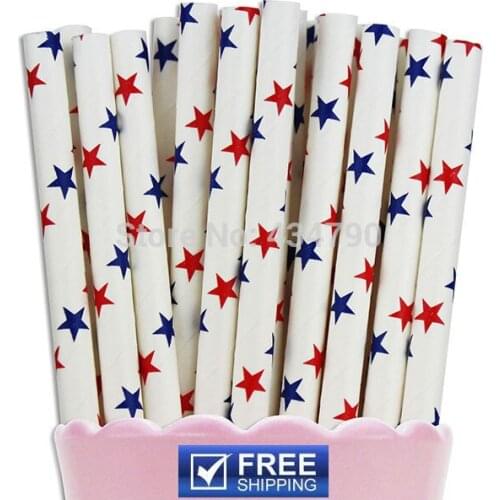 200pcs 4th July Paper Straws Blue Red Star,Patriotic Party Cake Pop Sticks,Blue Red White Party Supplies Decorations